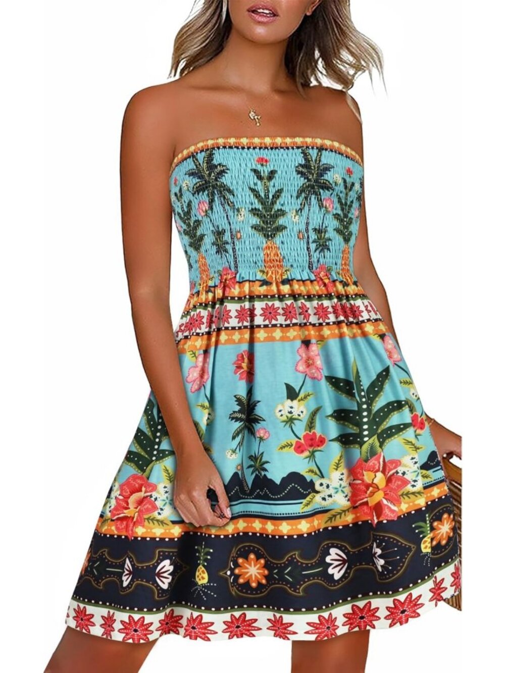 Floral Print Strapless Summer Dress - Women's Beach Cover-Up & Sundress
